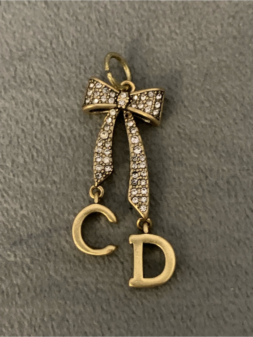 Upcycled Gold-Tone Crystal Bow Necklace Pendant with CD Initials